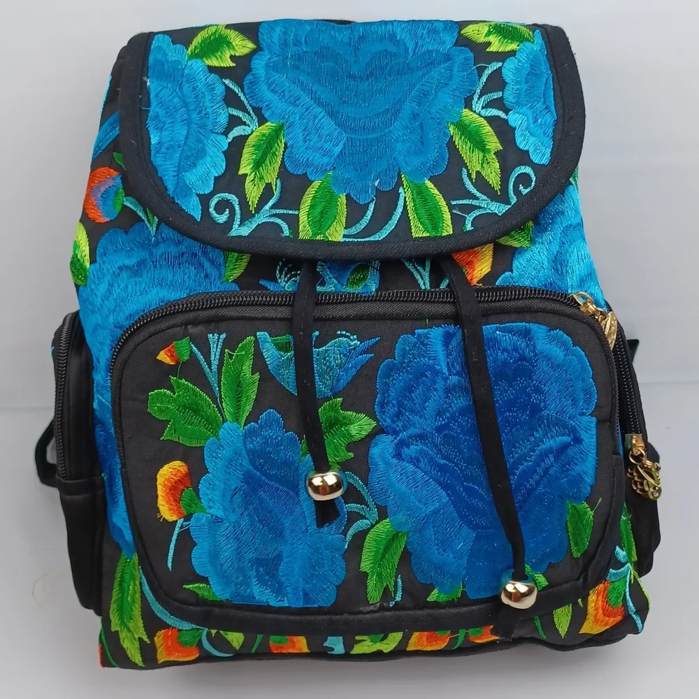 Embroidered floral multicolor backpack 100%‎ mexican art new